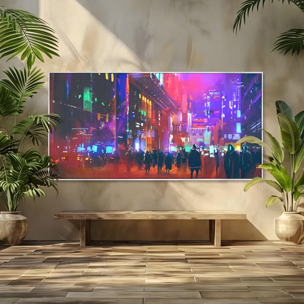 Tablou canvas cu ilustratie digitala cu oras nocturn, in rama de aluminiu argintiu